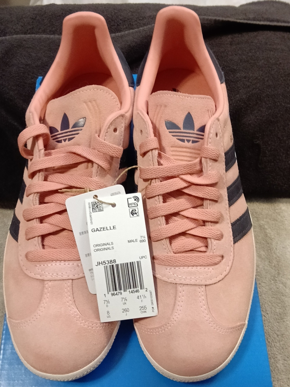 Adidas Gazelle Pink Suede Sneakers with Navy Stripes New With Tags And Box